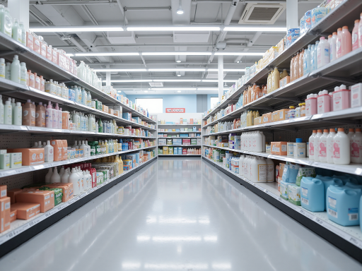 母婴用品展示，婴儿奶粉、辅食、纸尿裤等母婴必需品分类摆放，安全可靠