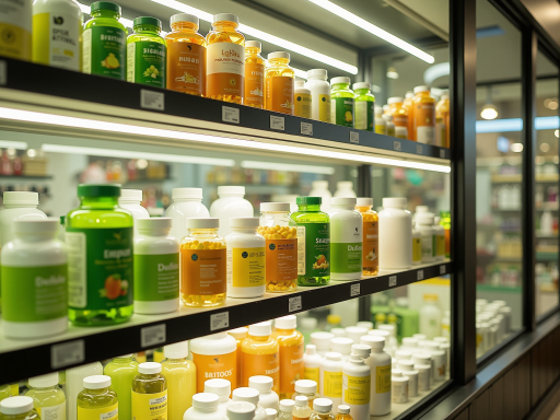 保健品展示，各种营养补充剂和保健食品整齐陈列，包装精美，品牌多样