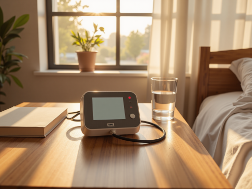 医疗器械展示，血压计、血糖仪、体温计等家用医疗设备整齐摆放，操作简单