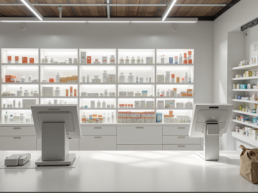 非处方药展示，各种OTC药品分类摆放，包装完整，价格标签清晰