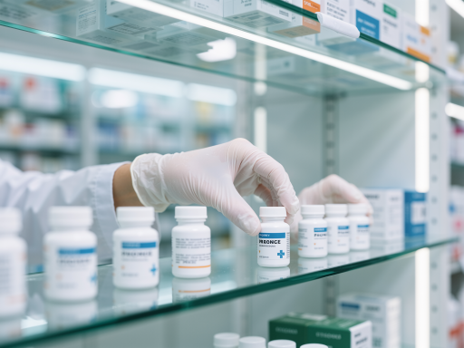 处方药展示，各种包装完整的药品整齐摆放，标签清晰可见，专业药师正在核对处方